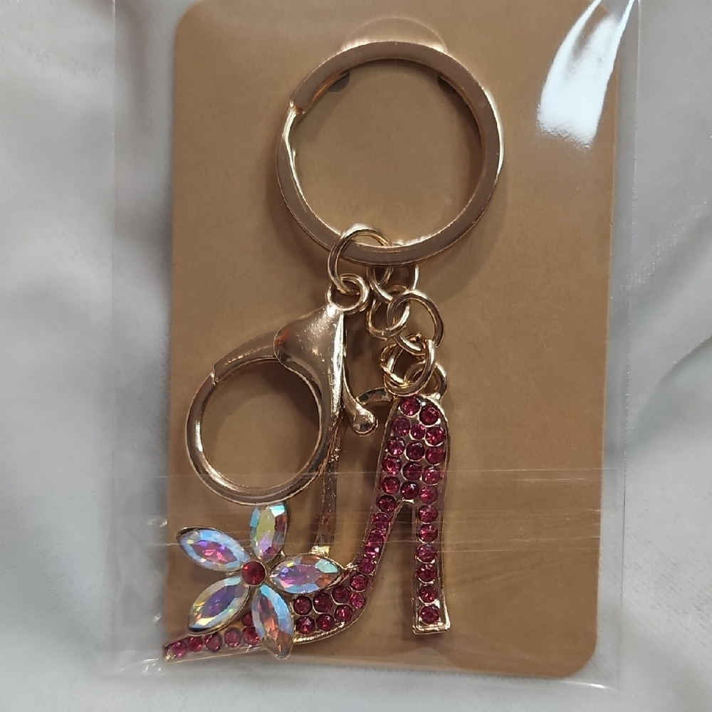 Women's Pink Rhinestone Floral High Heel Shoe Keychain Purse Charm Handbag Charm